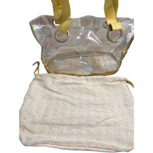 Club A Clear Tote Bag Yellow Faux Leather Dust Bag Footed 15.5" x 10" x 7"